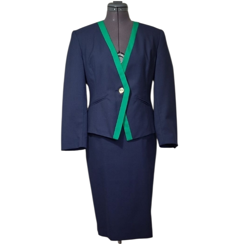 Wool Skirt Set Tailored Pencil Vintage Navy Green Trim Retro Dark Academia